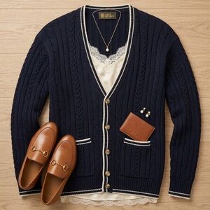 Vintage Oscar Jacobson Swedish Wool Cable Knit Cardigan - Navy/White Old Money